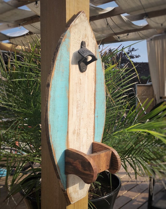 Surfboard Wood Bottle Opener with Fin Cap Catcher Rustic